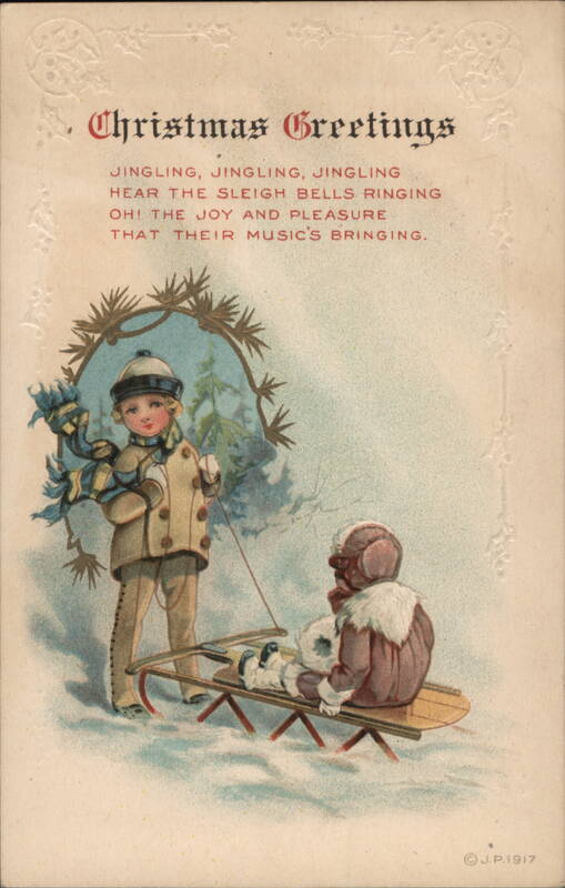 Children with Sled, Winter Scene, Christmas Greetings