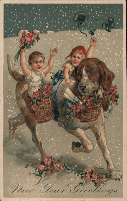 Two Children & Dog with Flower Baskets - New Year's Greetings
