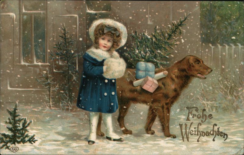 Girl with Dog and Gifts in Snowy Scene - Frohe Weihnachten