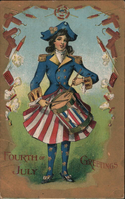 Patriotic Girl Drummer with Firecrackers, 4th of July Greetings