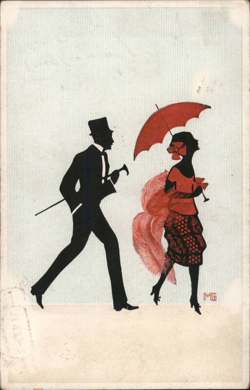 Silhouette Couple, Woman with Red Parasol Silhouettes