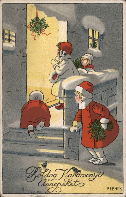 Children Caroling at Doorway, Christmas Greeting