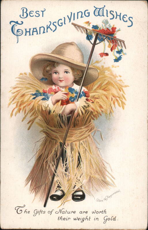Thanksgiving Child in Straw Costume with Rake and Flowers