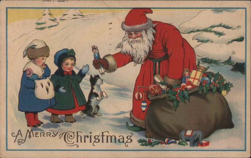 Santa Claus Giving Toys to Children with Kitten