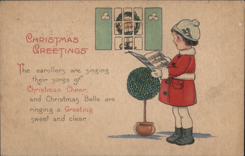Caroling Child with Sheet Music by Lit Window, Christmas Greetings