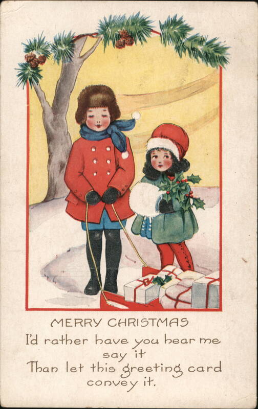 Children with Sled and Gifts, Merry Christmas Greeting