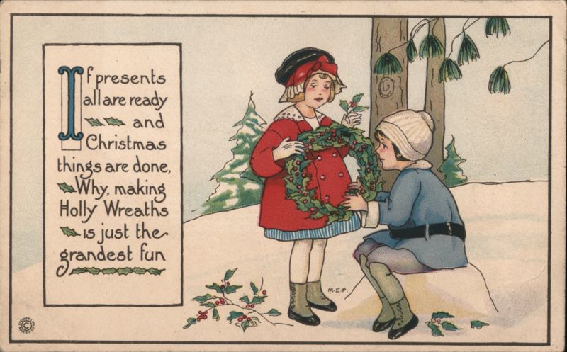 Children Making Holly Wreaths - Christmas Greetings