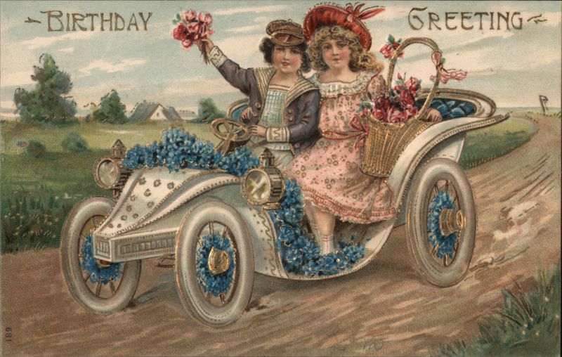 Children in Floral Car, Birthday Greeting