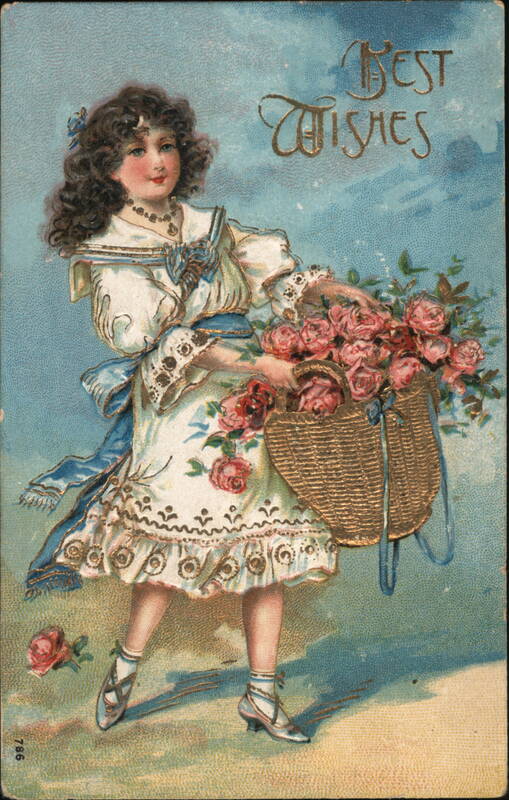 Girl with Basket of Pink Roses, Best Wishes Girls