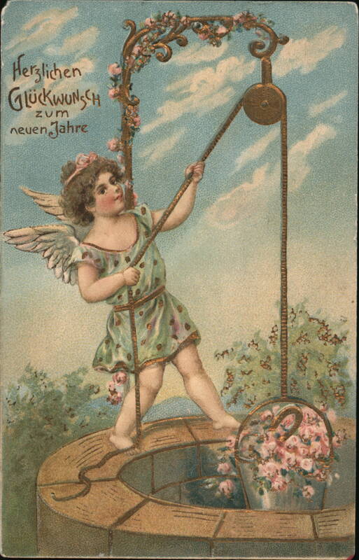 Cherubic Angel Drawing New Year Greetings from a Well