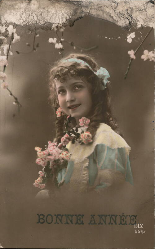 Young Girl with Braids and Flowers, Bonne Année Greeting