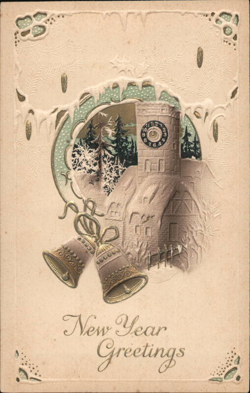 New Year's Church Scene with Clock Tower and Bells