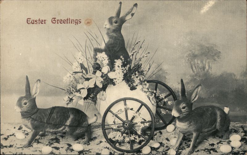 Three Easter Bunnies with Flower Cart and Eggs With Bunnies