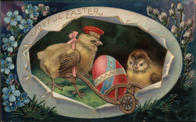 Joyful Easter Chicks with Wheelbarrow and Decorated Egg