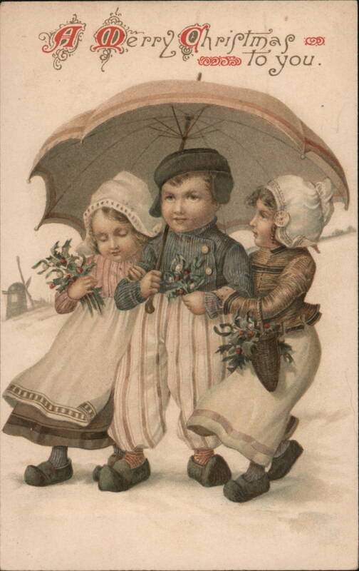 Three Children with Holly Sprigs Under Umbrella