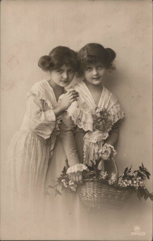 Two Girls with Flower Basket, Studio Portrait Children