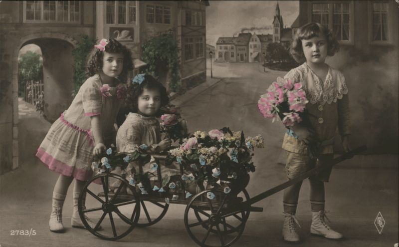 Three Children with Flowers and a Flower Cart Germany