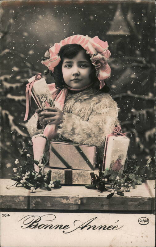 Girl with Pink Bonnet and Gifts, Bonne Année Children