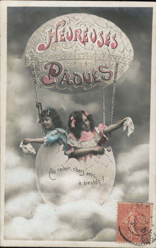 Two Girls in Easter Egg Hot Air Balloon, French Postcard