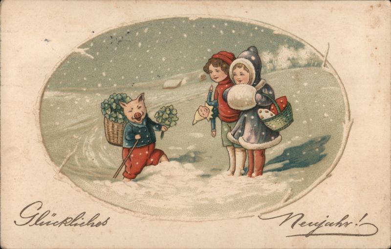 Children with Pig in Snowy Winter Scene, New Year's Greeting