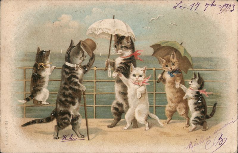 Charming Cats with Parasols at the Seaside
