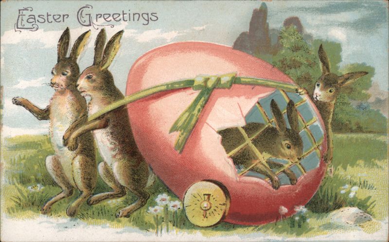 Easter Bunnies Delivering a Friend in a Giant Egg Carriage