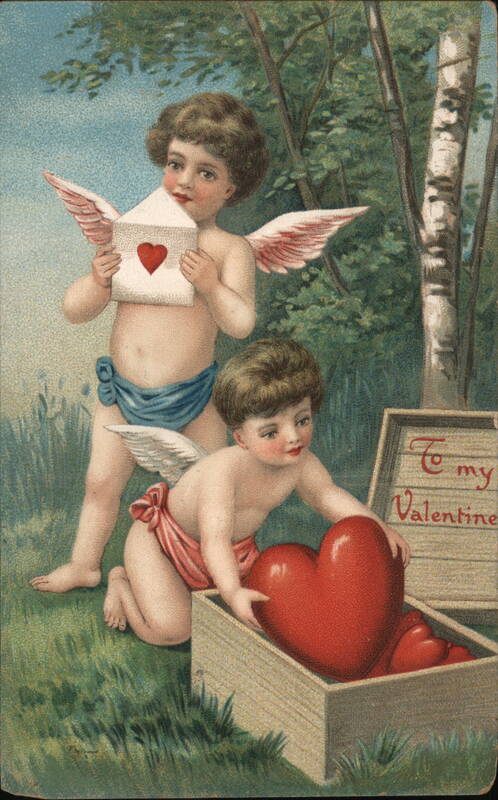 Cupids with Valentine's Day Hearts and Letter