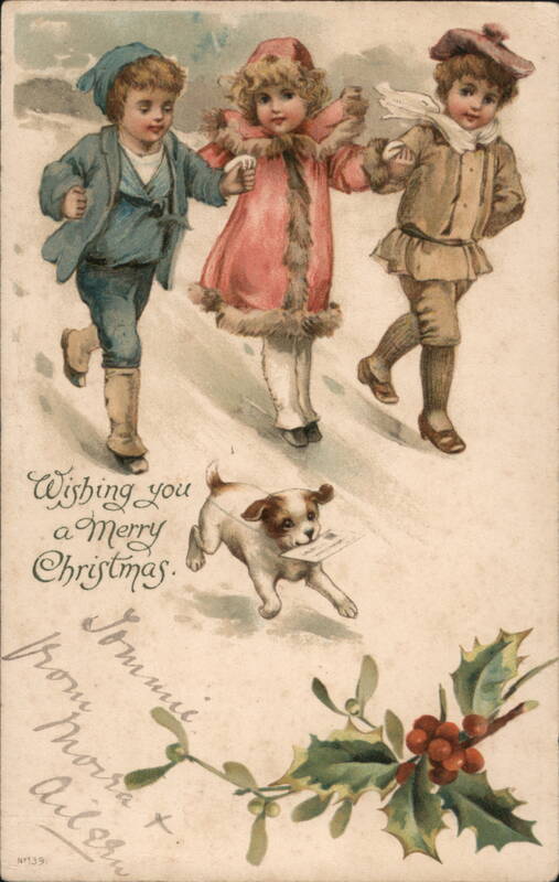Three Children with Dog Delivering Christmas Greetings
