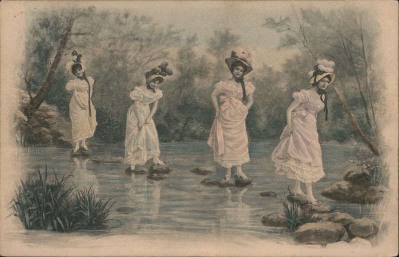 Four Women Crossing a Stream on Stepping Stones