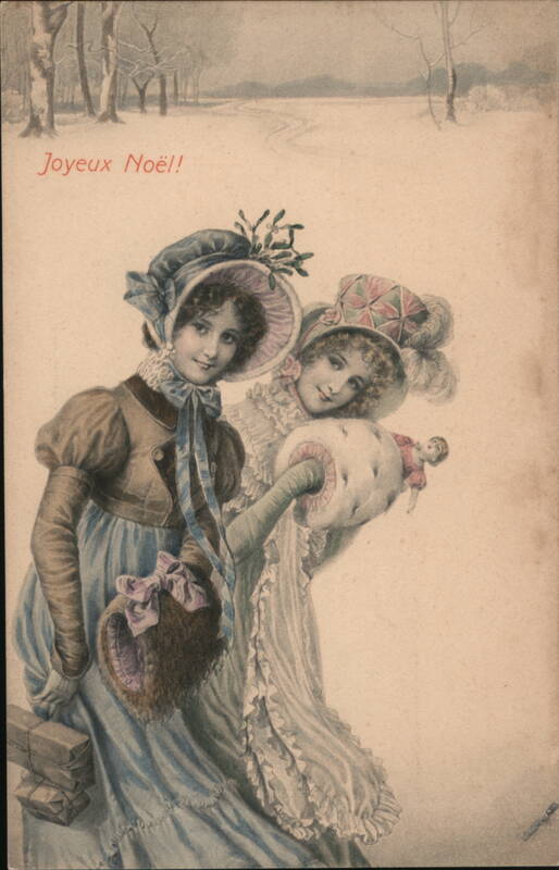 Two Girls in Winter Clothing with Doll and Gifts, Joyeux Noël