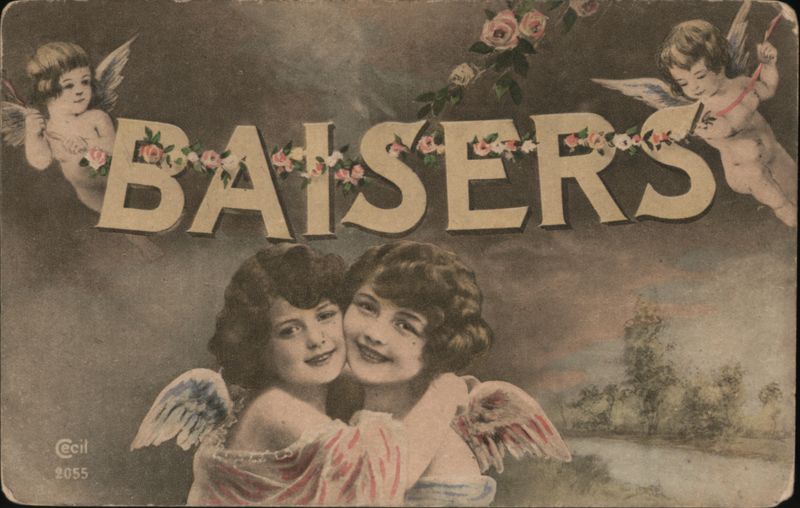 Two Cherubic Girls with Angel Wings, BAISERS French Postcard