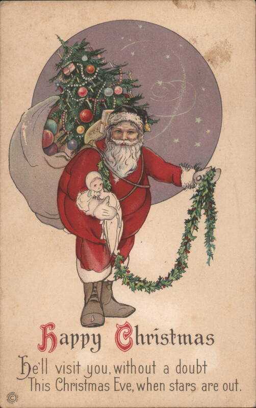 Santa Claus with Christmas Tree, Doll, and Garland