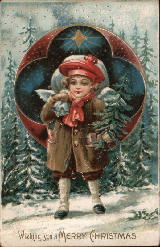 Angelic Child with Christmas Tree, Vintage Holiday Postcard
