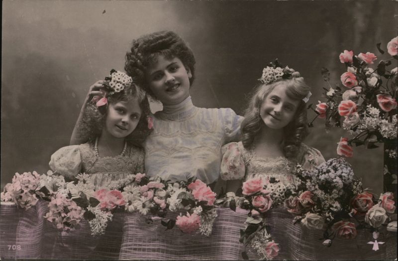 Mother with Two Daughters, Floral Garland Portrait