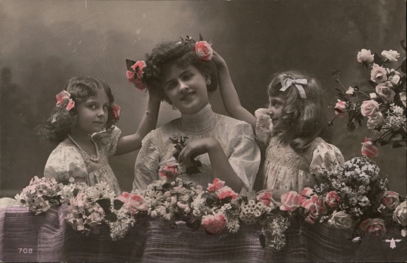 Mother and Daughters Adorned with Roses Children