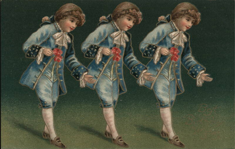 Triplet of Boys in Blue Colonial Costumes, Embossed Postcard