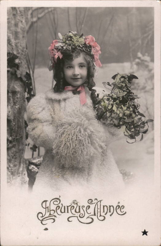 Girl in Winter Coat with Flowers, Bonne Annee Greeting