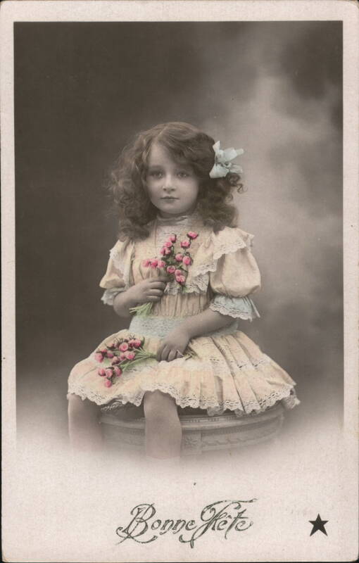 Girl in Yellow Dress with Pink Flowers, Bonne Fête Greeting