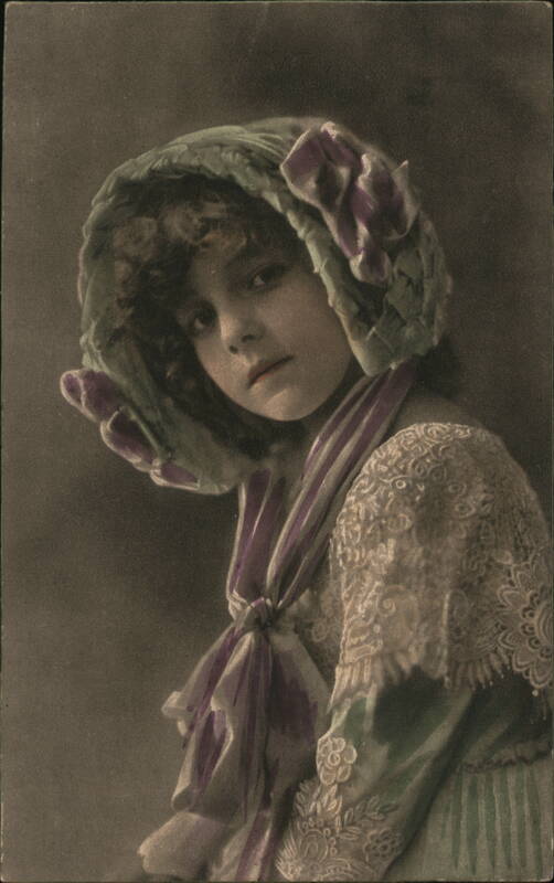 Young Girl in Bonnet with Purple and Green Striped Scarf