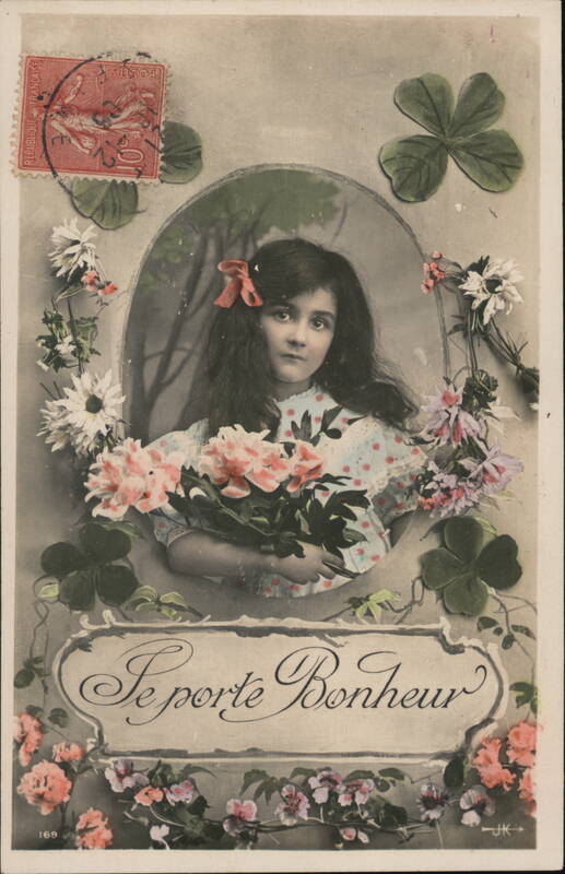 Girl with Flowers and Clover, French Je Porte Bonheur Postcard