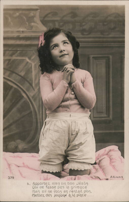 Young Girl in Pink Praying, French Religious Postcard