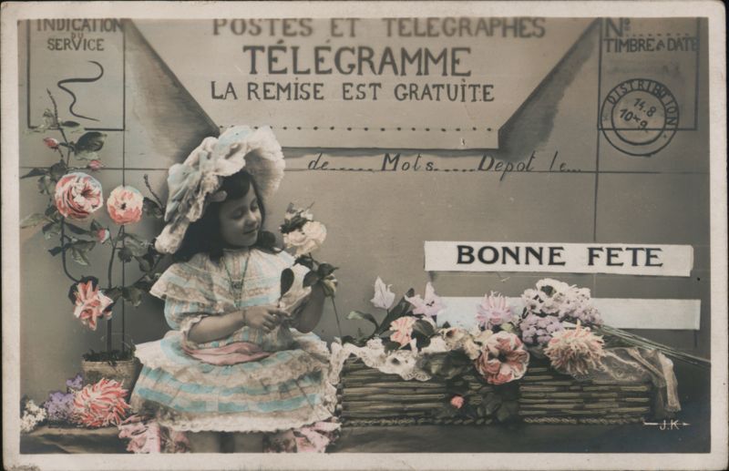 Little Girl with Bonne Fete Telegram and Flowers Children