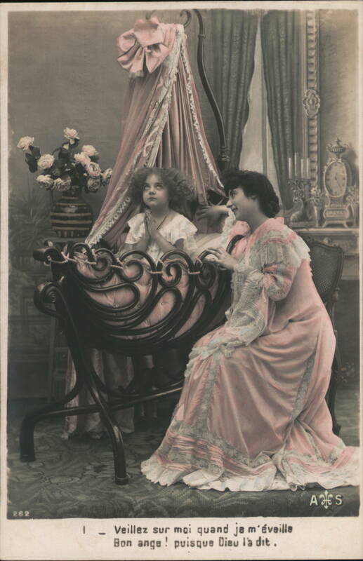 Mother and Child in Pink by Cradle, French Postcard