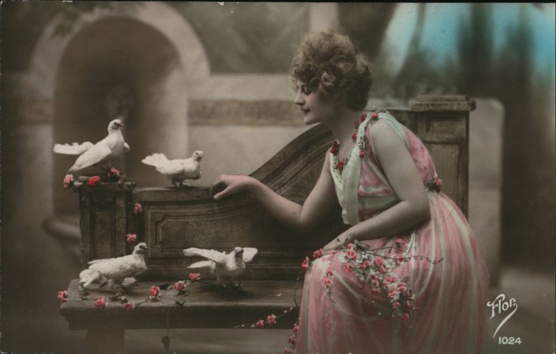 Woman with Doves in Pink Dress Birds