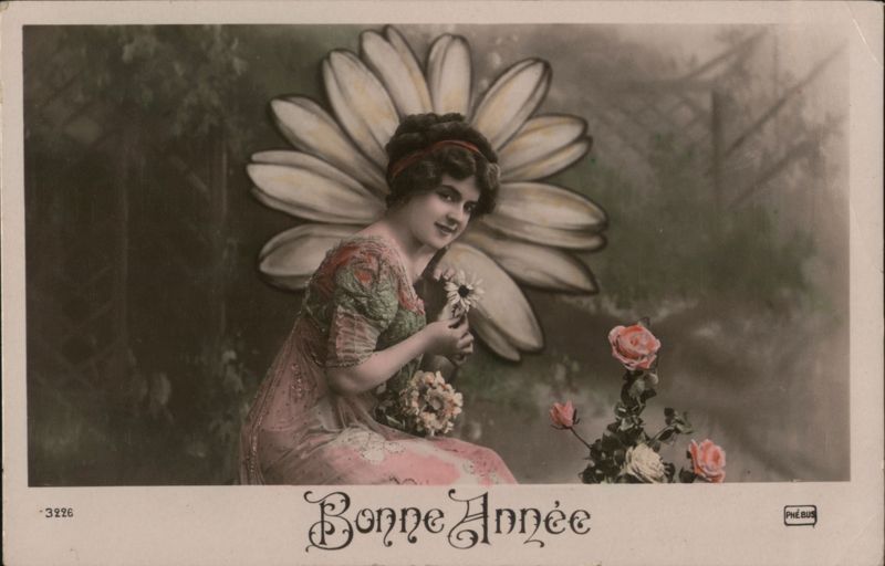 Bonne Année: Woman with Giant Daisy, New Year's Greeting
