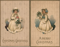 Set of 2:Girls in White Dresses with Holly, Christmas Greetings Postcard