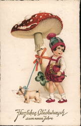 Antique New Year Postcard: Child with Mushroom, Dog, & Lucky Charms Postcard