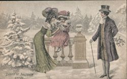 Viennese Winter Scene: Family Feeding Birds in Snowy Park Postcard