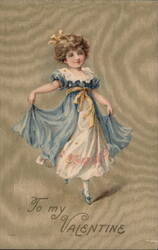 Young Girl in Blue Dress, Valentine's Day Greeting Postcard