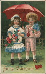Two Children with Flowers and Umbrella, Valentine's Day Greeting Postcard